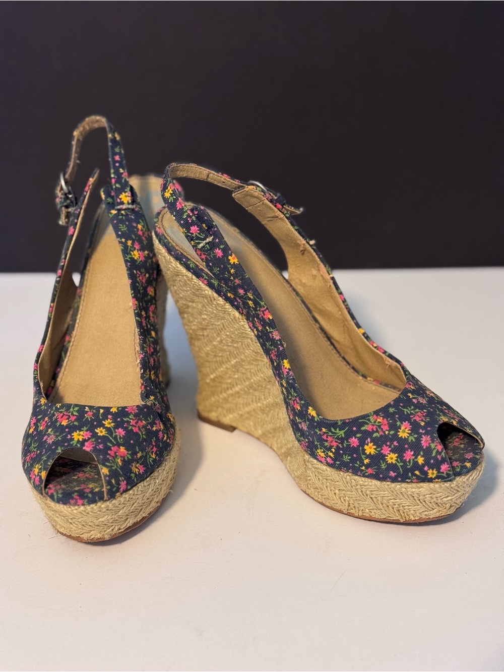 Floral Navy Peep-Toe Wedge Sandals with Slingback